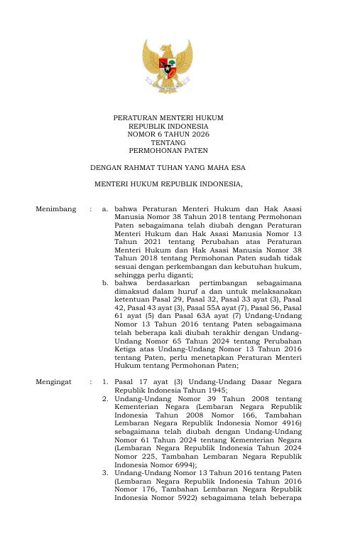  Thumbnail Peraturan Menteri Hukum No. 06/2026 Tentang Permohonan Paten